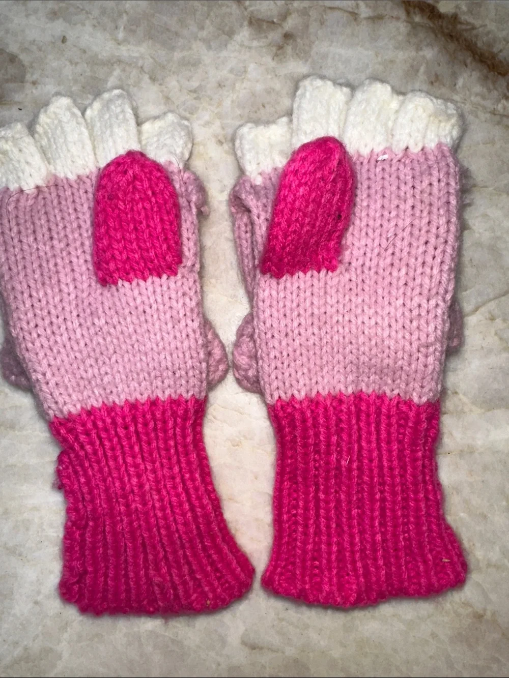 Joules Pink Plush Animal Knit Mittens with Hot Pink Accents